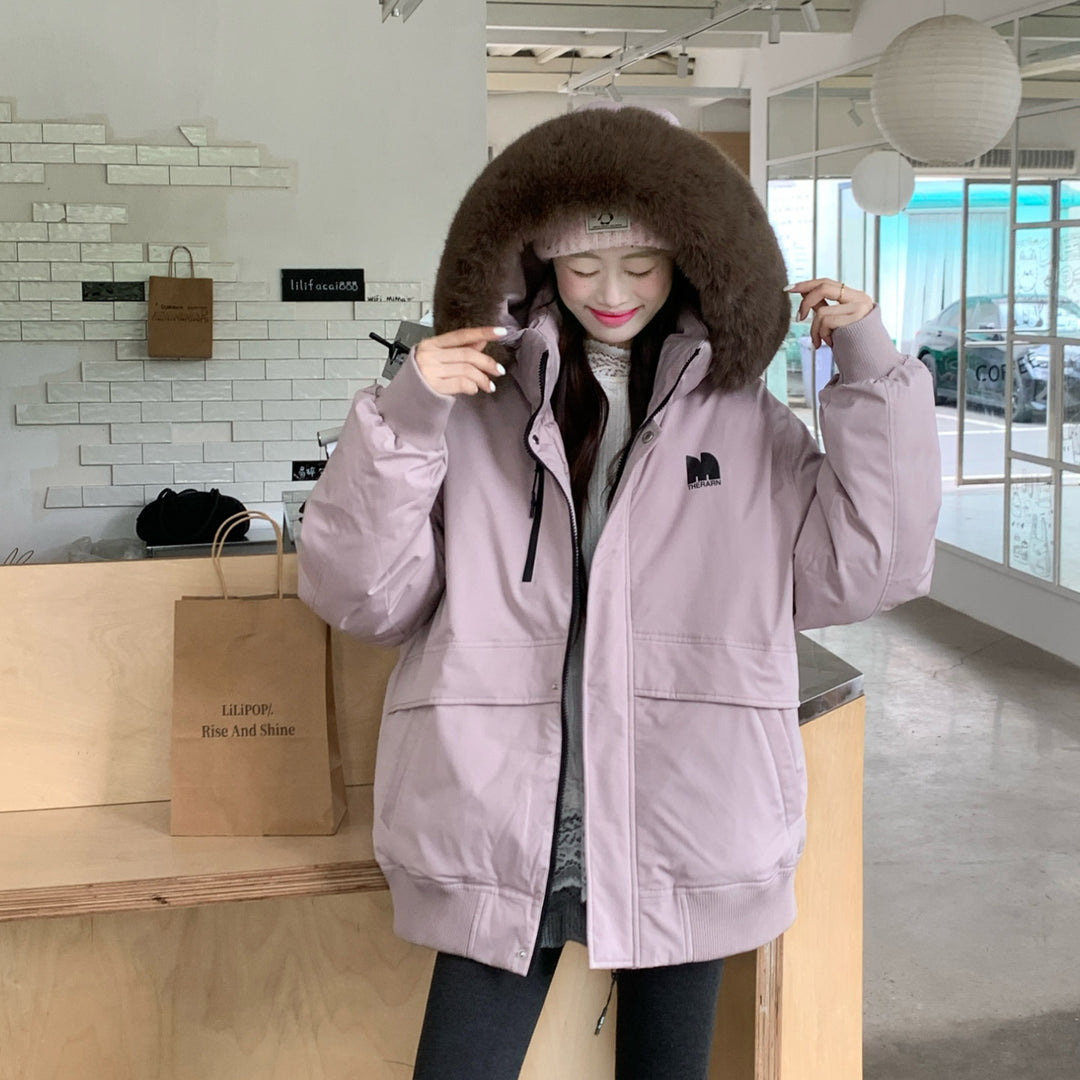 Damen Oversized Winterjacke mit abnehmbarem Kunstfellkragen und großen Taschen EB