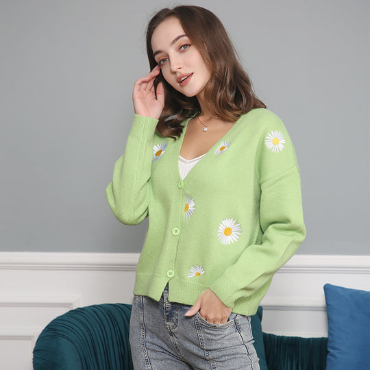 Damen Strickjacke mit floralem Design und Knopfverschluss EB