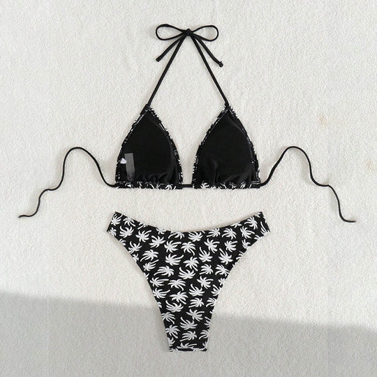 Damen Triangel-Bikini mit kontrastierendem Palmendruck EB