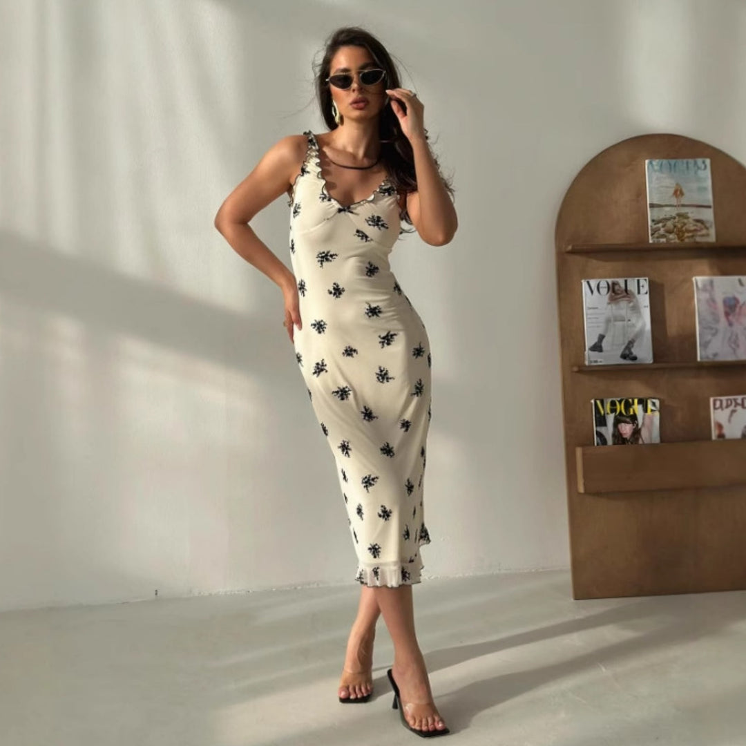 Damen Elegantes Maxikleid mit floralen Motiven und Rüschen EB