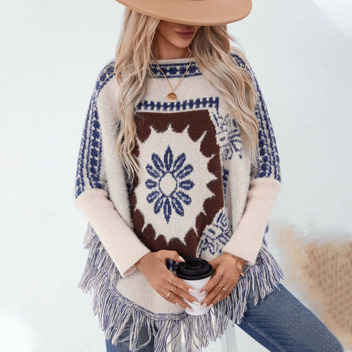 Damen eleganter Strickponcho mit kunstvollem Muster und fransigem Abschluss EB