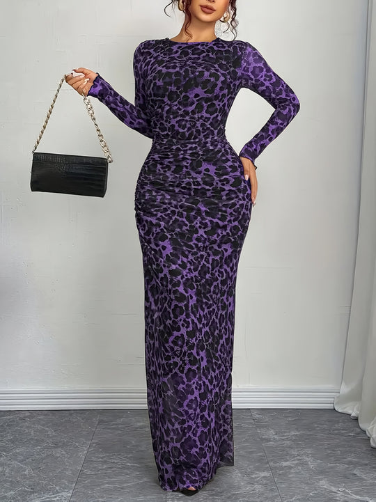 Damen nan figurbetontes Maxikleid mit Animal-Print geraffter Taille und langen Ärmeln EB