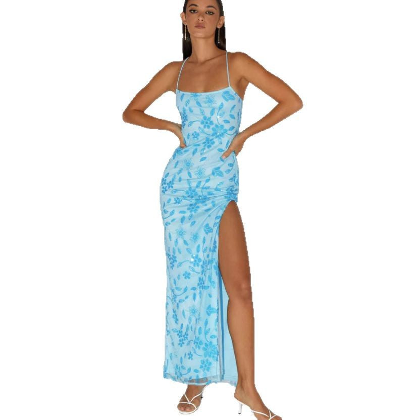 Damen Couture Maxikleid mit floralem Smock-Design und verführerischem Rücken EB