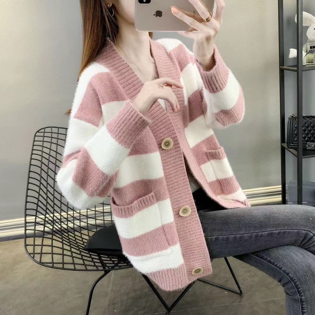 Damen Grobstrick-Cardigan mit Breton-Streifen und praktischen Taschen EB