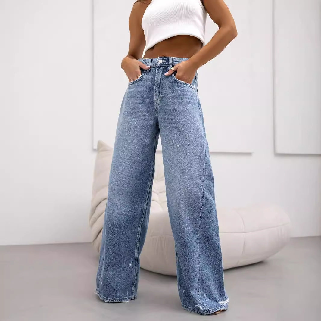 Damen Weit geschnittene Jeanshose mit hohem Bund und lässigem Stil EB