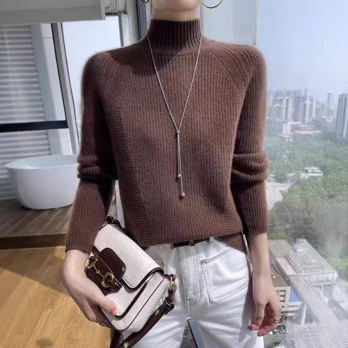 Damen Strickpullover mit hohem Kragen und feiner Rippstruktur EB
