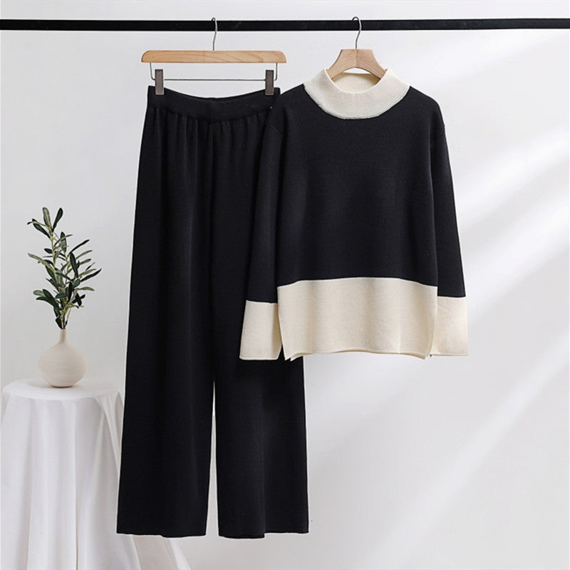 Damen elegantes Strick-Loungewear-Set mit weitem Bund und dekorativem Kragen EB