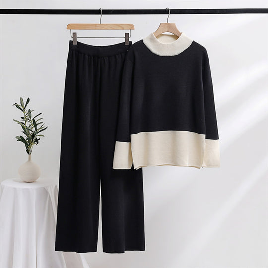 Damen elegantes Strick-Loungewear-Set mit weitem Bund und dekorativem Kragen EB