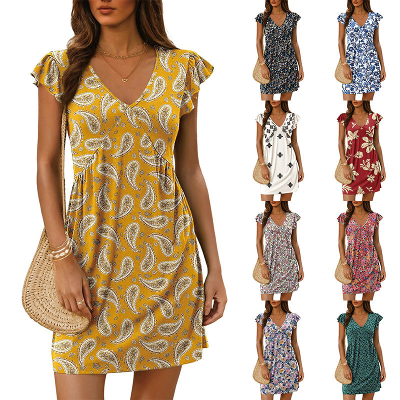 Damen luftiges sommerliches Kleid mit floralem Muster und V-Ausschnitt EB