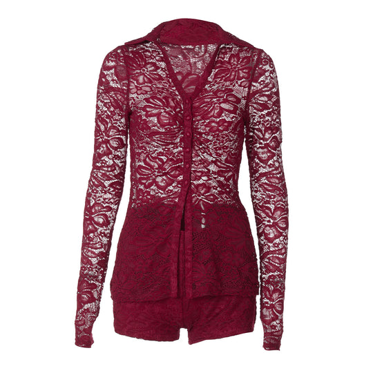 Damen Elegante Spitze Bluse mit langen Ärmeln und femininer Silhouette EB
