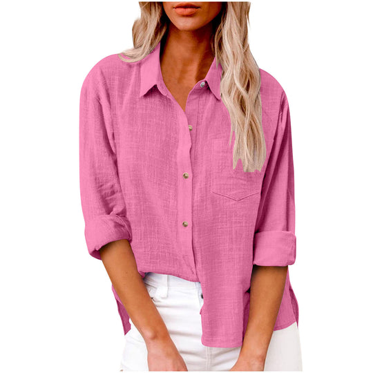 Damen nan oversized Leinen-Baumwollmix Hemdbluse mit Brusttasche und krempelbaren Ärmeln EB