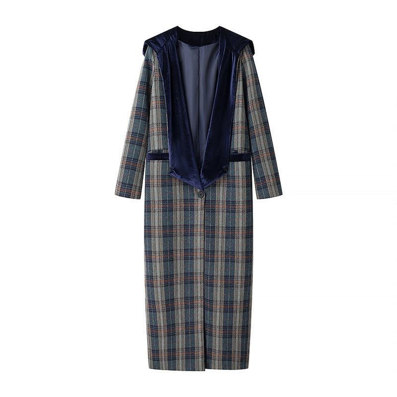Damen Langer Blazer mit eleganter Karomusterung und luxuriösem Samtkragen EB