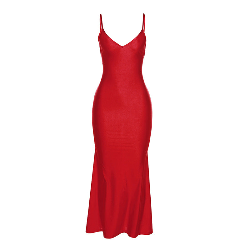 Damen elegantes figurbetontes Abendkleid mit Spaghettiträgern und fließendem Schnitt EB