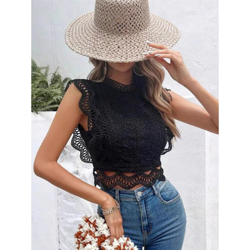 Damen Spitze Detail kurze Bluse EB