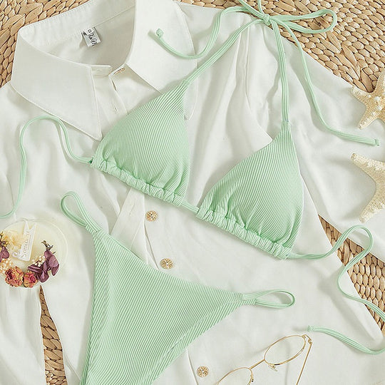 Damen Triangel-Bikini mit anpassbaren Bindebändern und modischem Ripp-Design EB