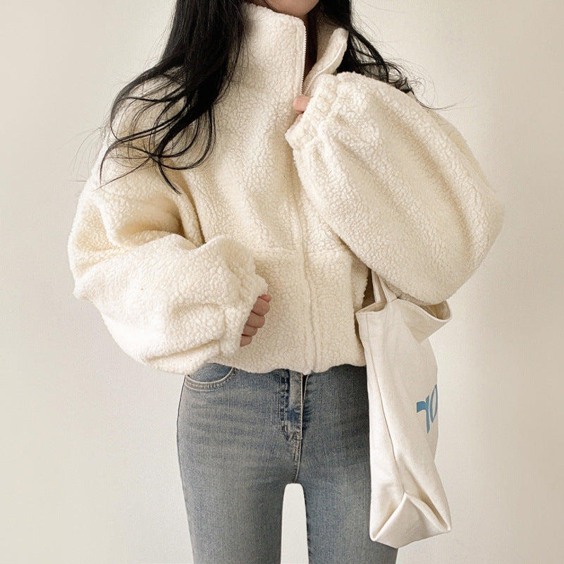 Damen kuschelige Fleece-Jacke mit hohem Kragen und Reißverschluss EB