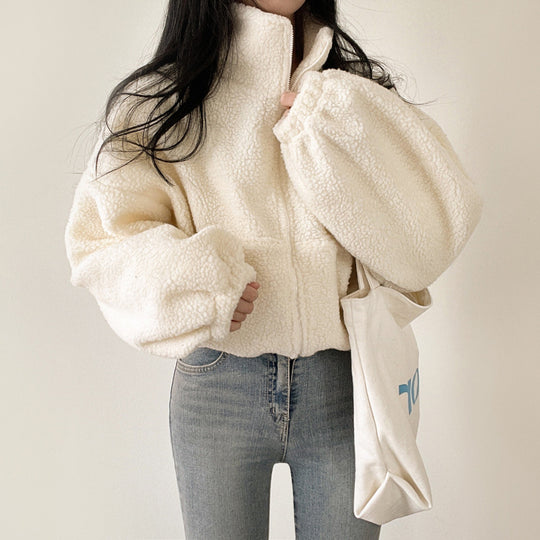 Damen kuschelige Fleece-Jacke mit hohem Kragen und Reißverschluss EB