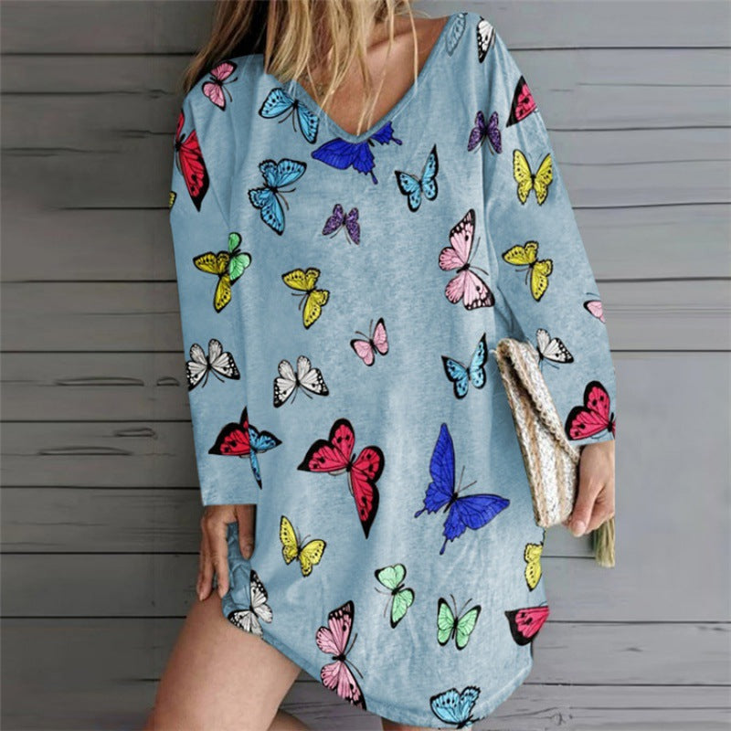 Damen Oversize Tunika-Kleid mit V-Ausschnitt und Schmetterlingsprint EB