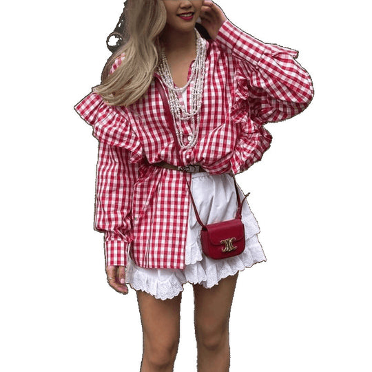 Damen Puffärmel Gingham Knopf-Down Hemd EB
