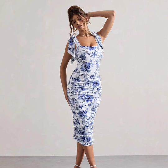 Damen figurbetontes Blumenkleid mit Puffärmeln und Rüschendetails EB