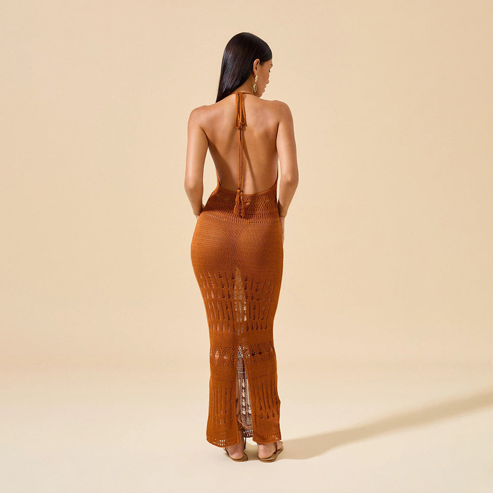 Damen elegantes Häkel-Maxikleid mit tiefem Rückenausschnitt EB