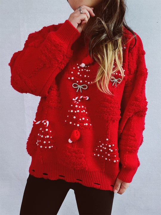 Damen festlicher Pullover mit kreativen Weihnachtsmotiven und strukturiertem Design EB