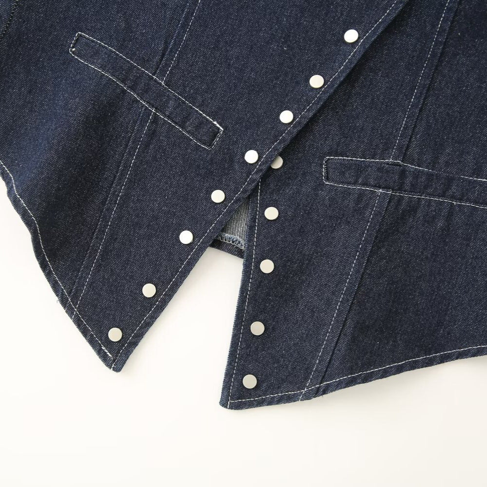 Damen elegante Denim-Weste mit dekorativen Druckknöpfen und lässigem Schnitt EB