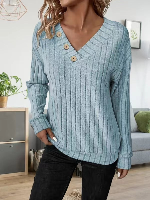 Damen lässiger V-Ausschnitt Pullover mit Knopfdetails und feinem Rippenmuster EB
