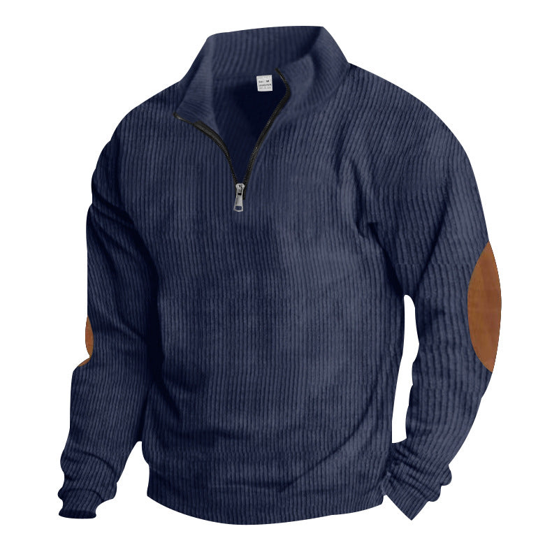 Herren nan gerippter Feinstrick-Pullover mit kurzem Reißverschluss Stehkragen und Lederoptik-Ellbogenpatches EB