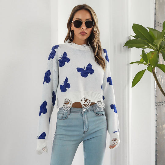Damen Strickpullover mit einzigartigem Schmetterlingsdesign und trendigem Fransenabschluss EB