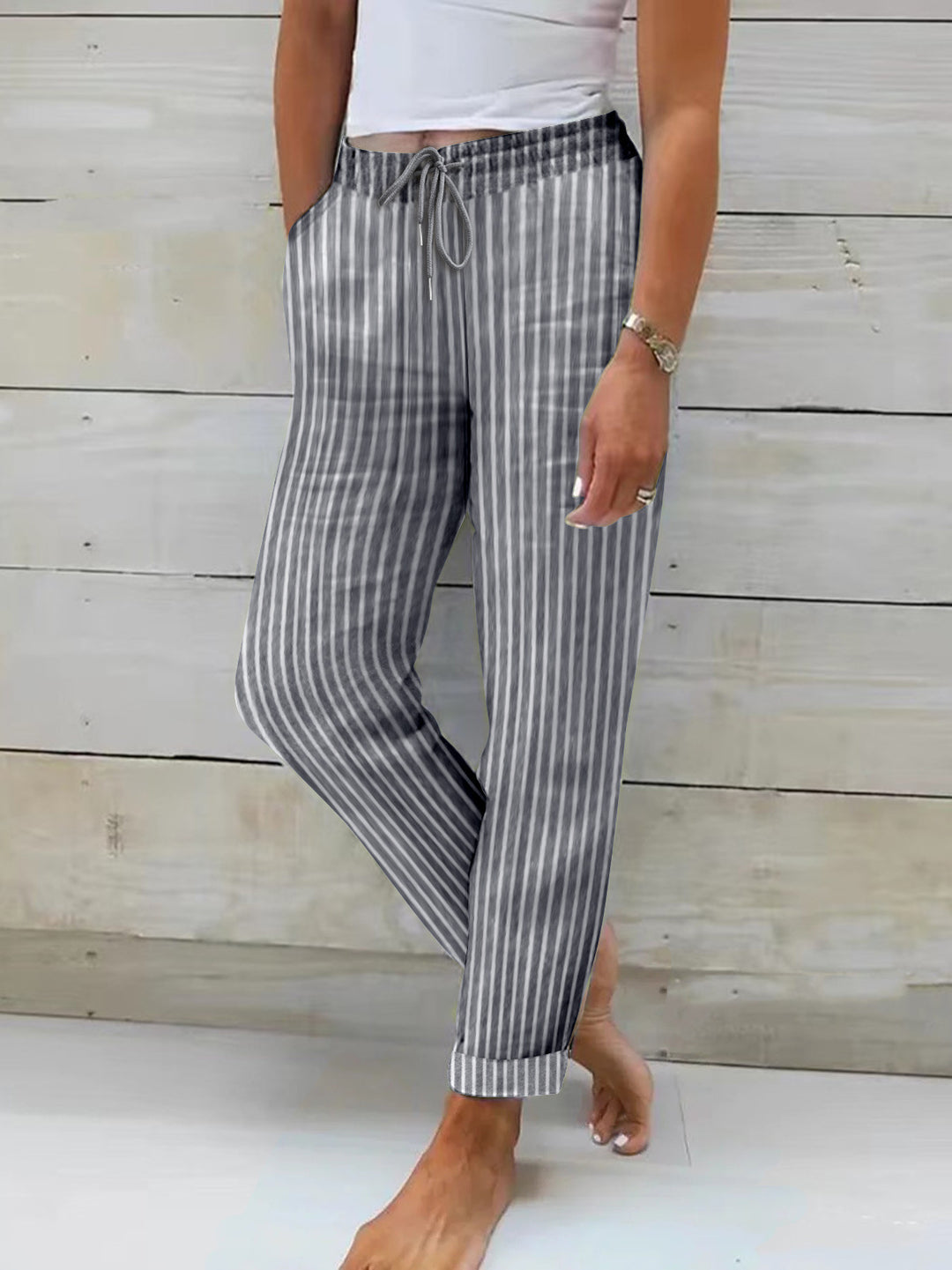 Damen entspannte Baumwoll-Streifenhose mit verstellbarem Bund EB