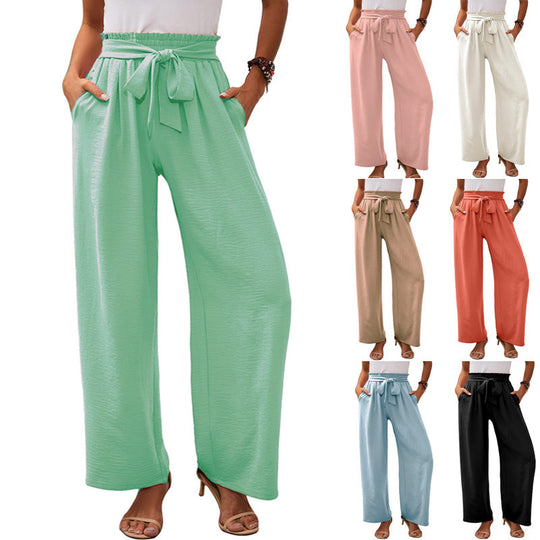 Damen weite Palazzo-Hose mit elastischem Bund und Bindegürtel EB