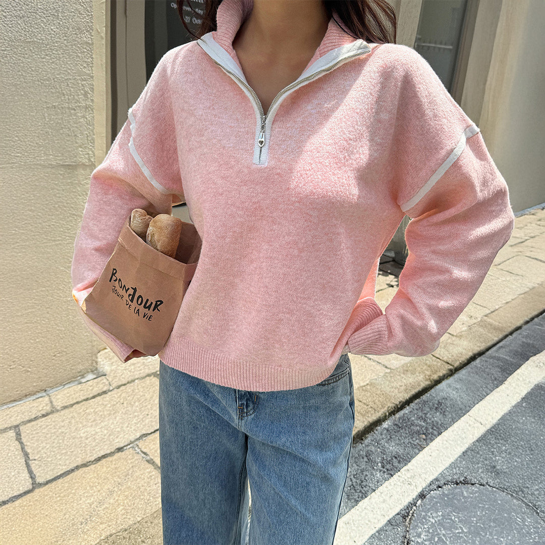 Damen nan oversized Strickpullover mit halbem Reißverschluss, Kontrastpaspeln und überschnittener Schulter EB