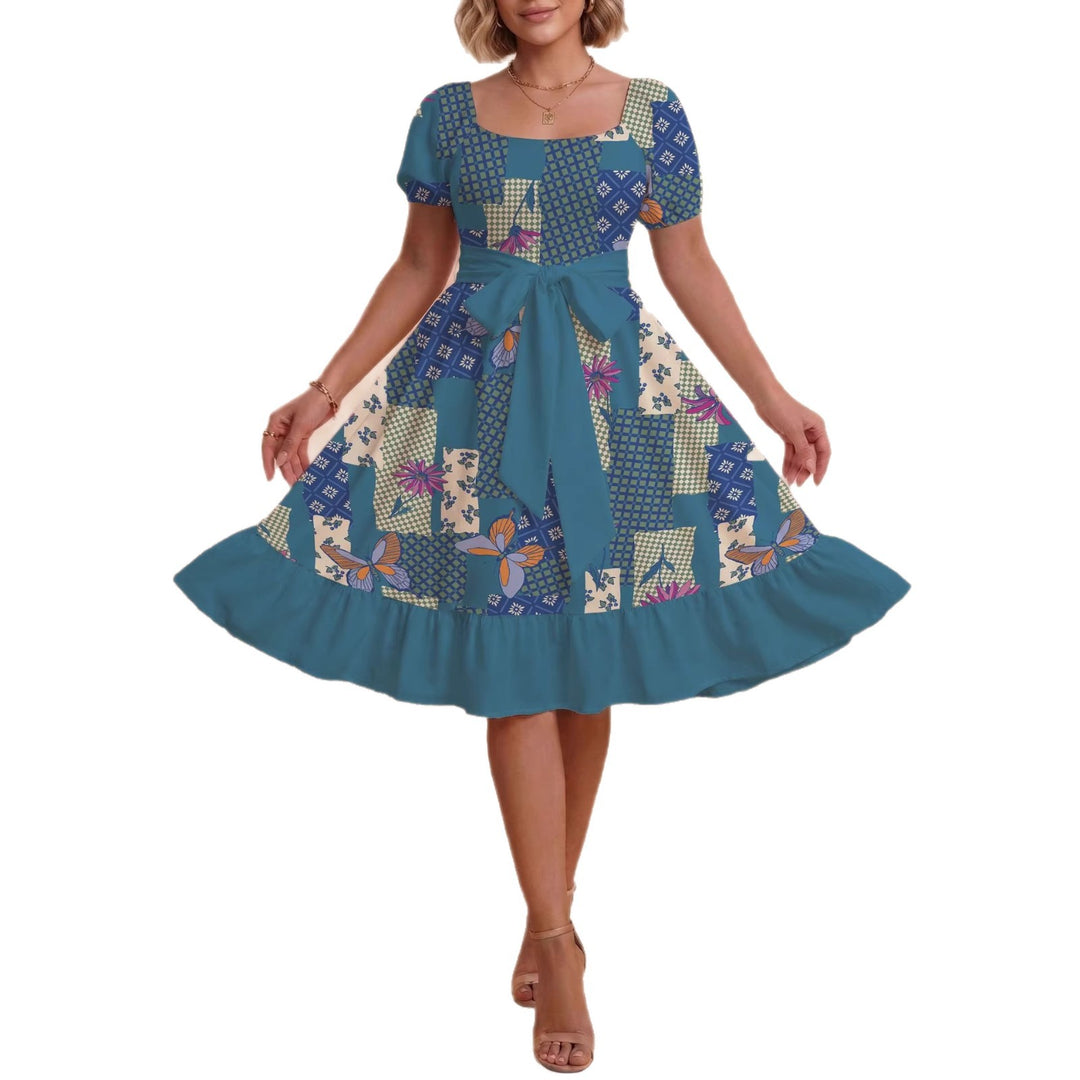 Damen Retro Maxikleid mit Puffärmeln und Taillengürtel EB
