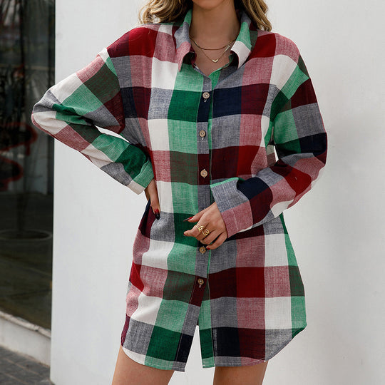 Damen Karierter Hemdblusenkleid aus hochwertigem Material mit langen Ärmeln EB