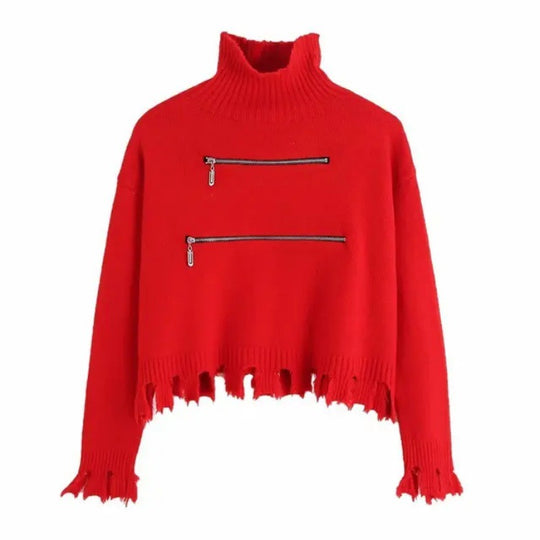 Damen Modischer Strickpullover mit Stehkragen und Reißverschlussdetails EB