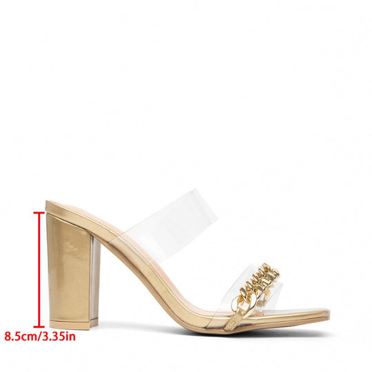 Damen transparente Slingback-Sandalen mit elegantem Blockabsatz und Metallkettendetail EB