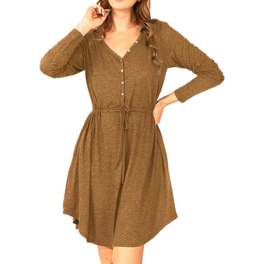 Damen lässiges Wickelkleid mit Knopfdetails und Taillenzug EB