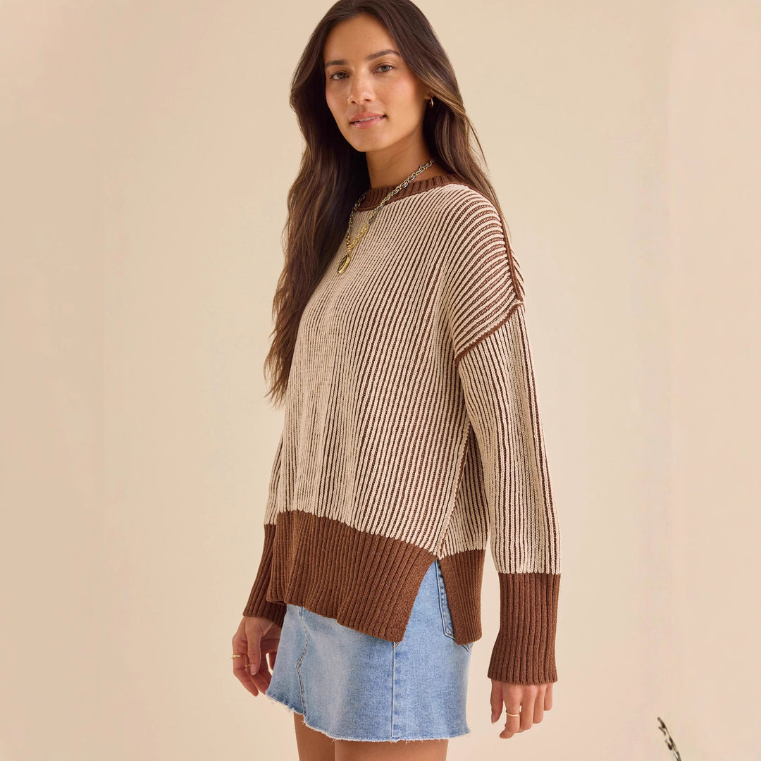 Damen lässiger Strickpullover mit modernem Rippenmuster und überschnittenen Schultern EB