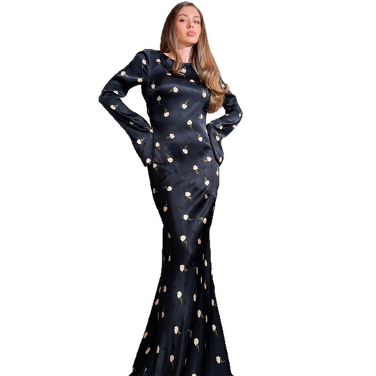 Damen Maxikleid mit elegantem Blumendruck und voluminösen Ärmeln EB