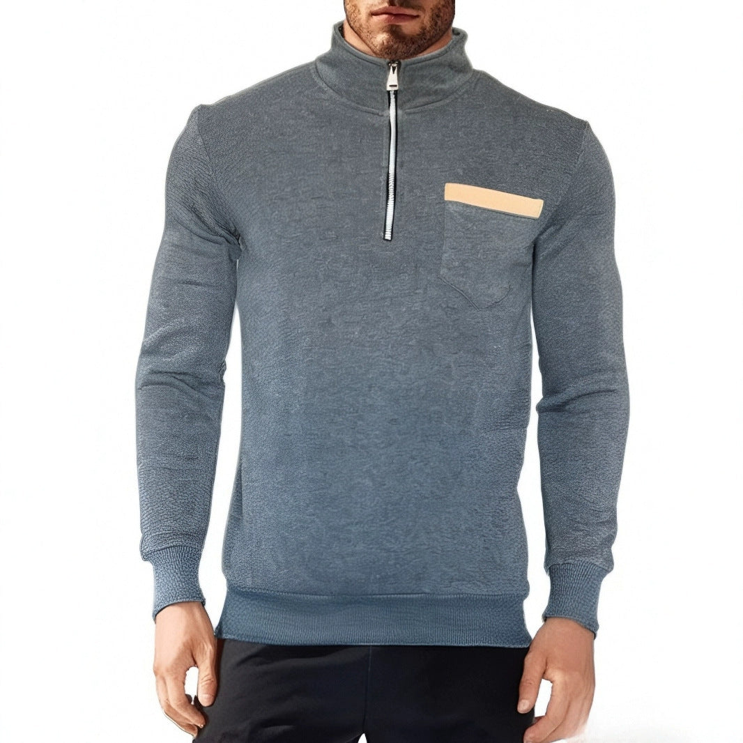 Herren nan feinstrukturiertes Halbzip-Feinstrickpullover mit Stehkragen, Brusttasche und schmaler Silhouette EB