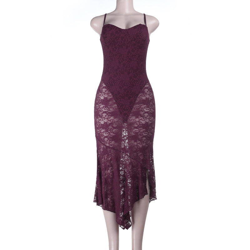 Damen Spitzen-Maxikleid mit aufregendem asymmetrischen Saum EB