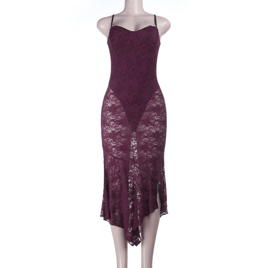 Damen Spitzen-Maxikleid mit aufregendem asymmetrischen Saum EB
