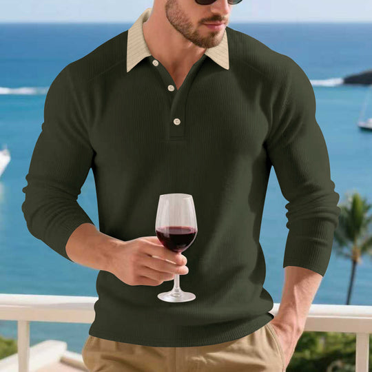 Herren Langarm Poloshirt mit strukturiertem Design und kontrastierendem Stehkragen EB