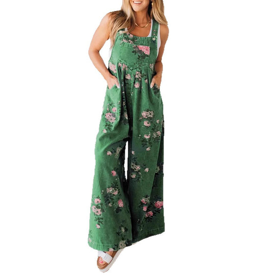 Damen Lässiger Denim-Hosenanzug mit floralem Print und weiten Beinen EB