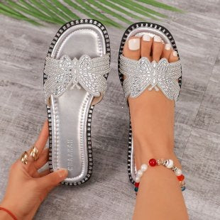 Damen glamouröse Riemchen-Sandalen mit funkelnder Schleifenverzierung EB