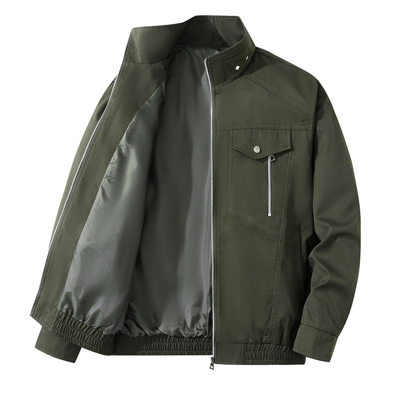 Men's  zip-front lightweight utility jacket with stand collar snap closure and chest zip pocket EB