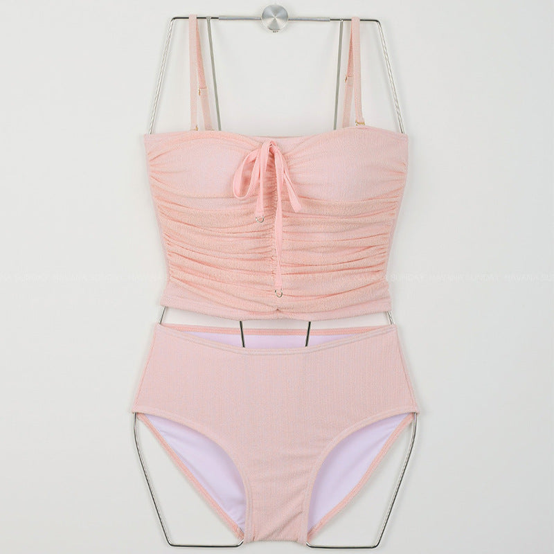 Damen Hoch tailliertes Bikini-Set mit gerafftem Oberteil und verstellbaren Trägern EB