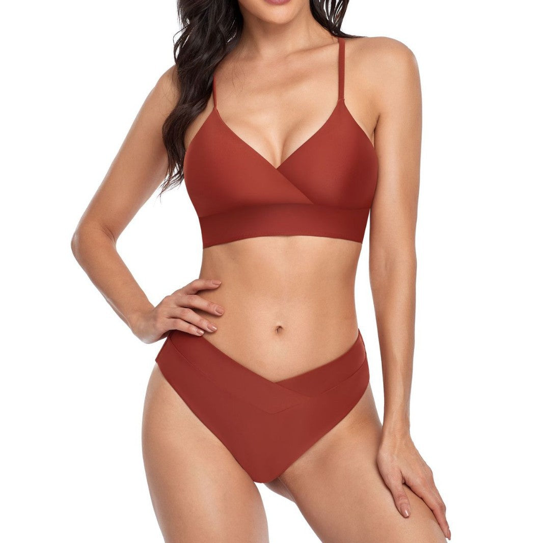 Damen Bikini-Set mit stilvollem Wickeloberteil und hoch geschnittenem Unterteil EB
