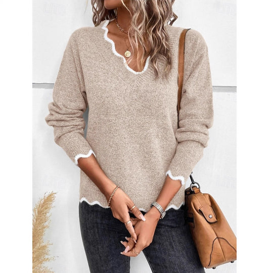 Damen lässiger Strickpullover mit gewelltem V-Ausschnitt und kontrastierenden Abschlüssen EB